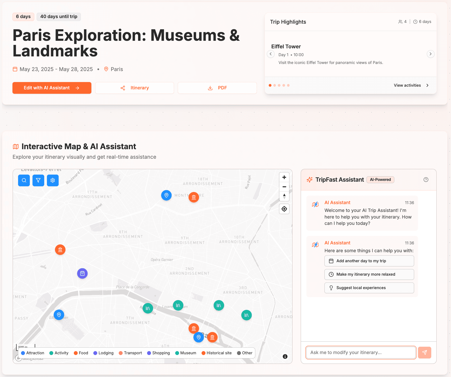 TripFast Dashboard showing an interactive map and itinerary